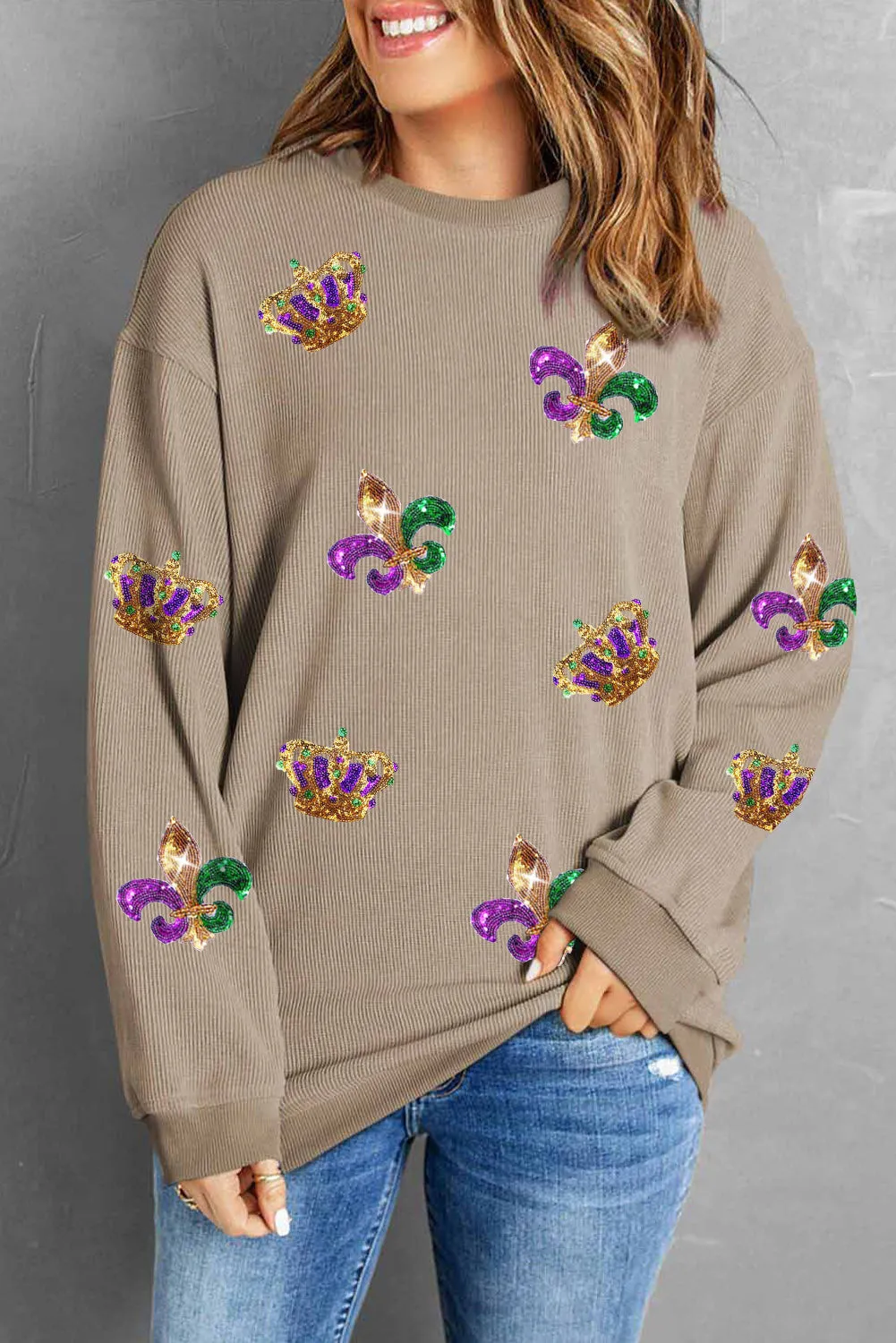 Women's Mardi Gras Sequin Crown Fleur De Lis Corded Sweatshirt