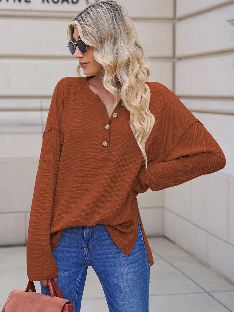 Women's Oversized Sweaters Batwing Sleeve Button Up Color Block Henley Pullover Knit Jumper