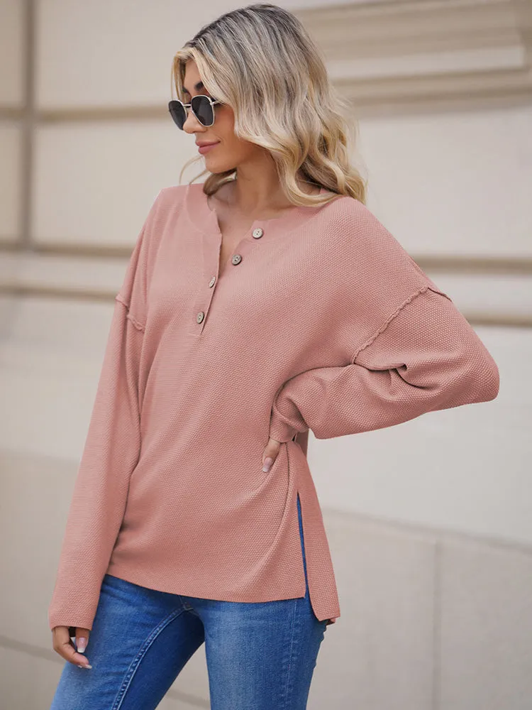 Women's Oversized Sweaters Batwing Sleeve Button Up Color Block Henley Pullover Knit Jumper