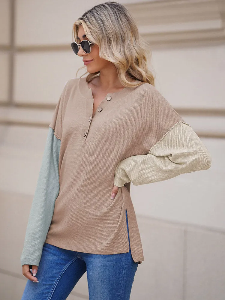 Women's Oversized Sweaters Batwing Sleeve Button Up Color Block Henley Pullover Knit Jumper