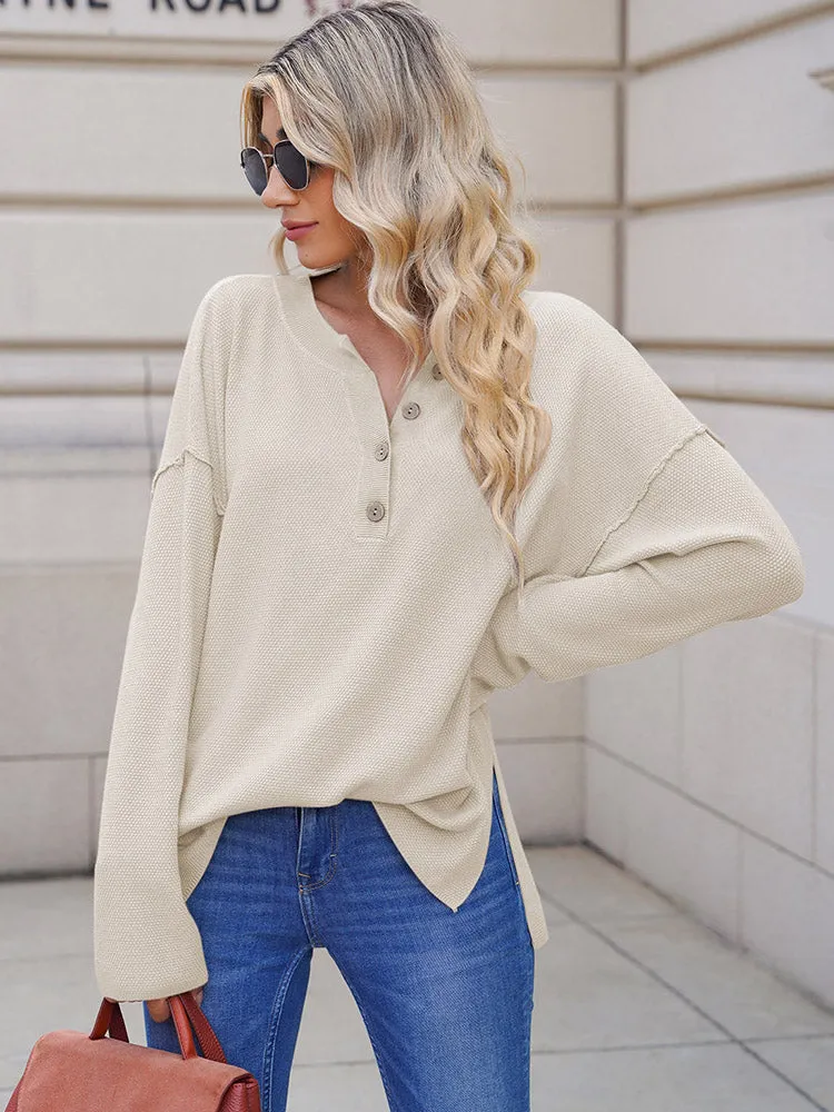 Women's Oversized Sweaters Batwing Sleeve Button Up Color Block Henley Pullover Knit Jumper