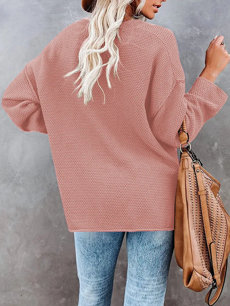 Women's Oversized Sweaters Batwing Sleeve Button Up Color Block Henley Pullover Knit Jumper