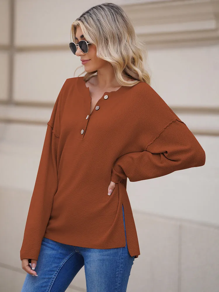 Women's Oversized Sweaters Batwing Sleeve Button Up Color Block Henley Pullover Knit Jumper