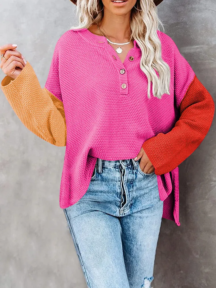 Women's Oversized Sweaters Batwing Sleeve Button Up Color Block Henley Pullover Knit Jumper