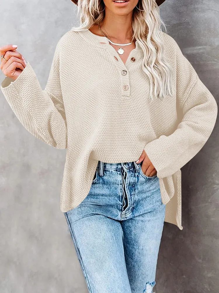 Women's Oversized Sweaters Batwing Sleeve Button Up Color Block Henley Pullover Knit Jumper