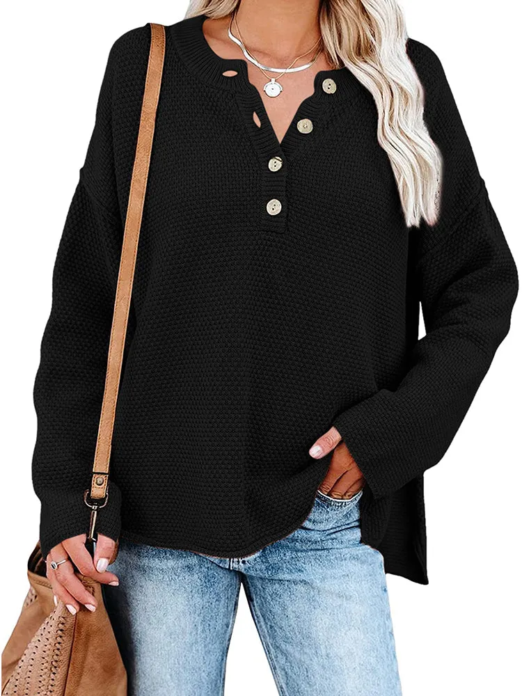 Women's Oversized Sweaters Batwing Sleeve Button Up Color Block Henley Pullover Knit Jumper