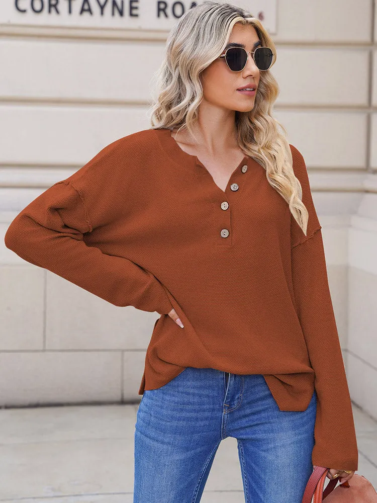 Women's Oversized Sweaters Batwing Sleeve Button Up Color Block Henley Pullover Knit Jumper