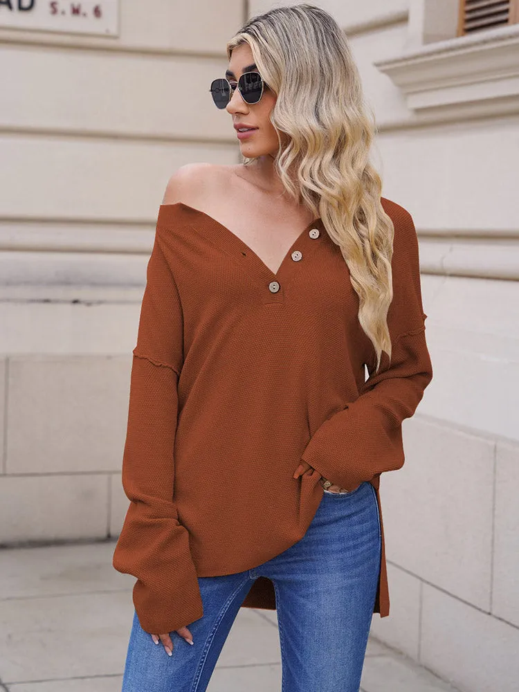 Women's Oversized Sweaters Batwing Sleeve Button Up Color Block Henley Pullover Knit Jumper