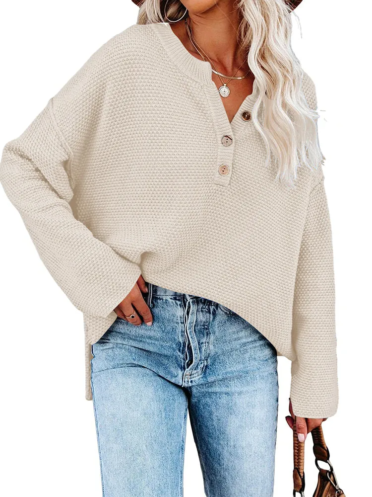 Women's Oversized Sweaters Batwing Sleeve Button Up Color Block Henley Pullover Knit Jumper