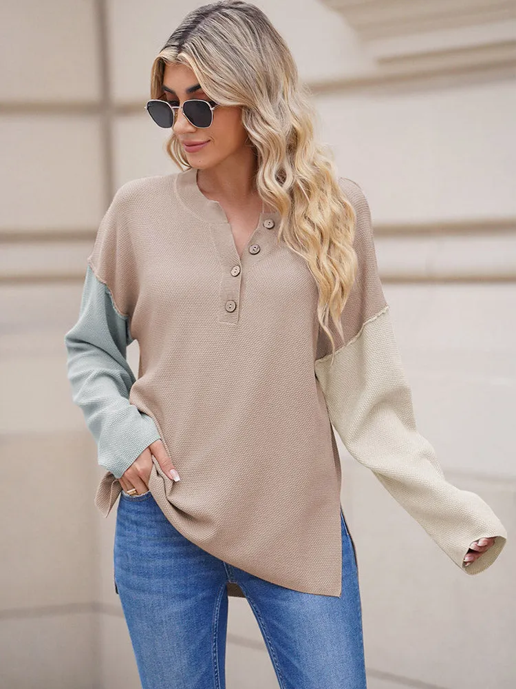 Women's Oversized Sweaters Batwing Sleeve Button Up Color Block Henley Pullover Knit Jumper