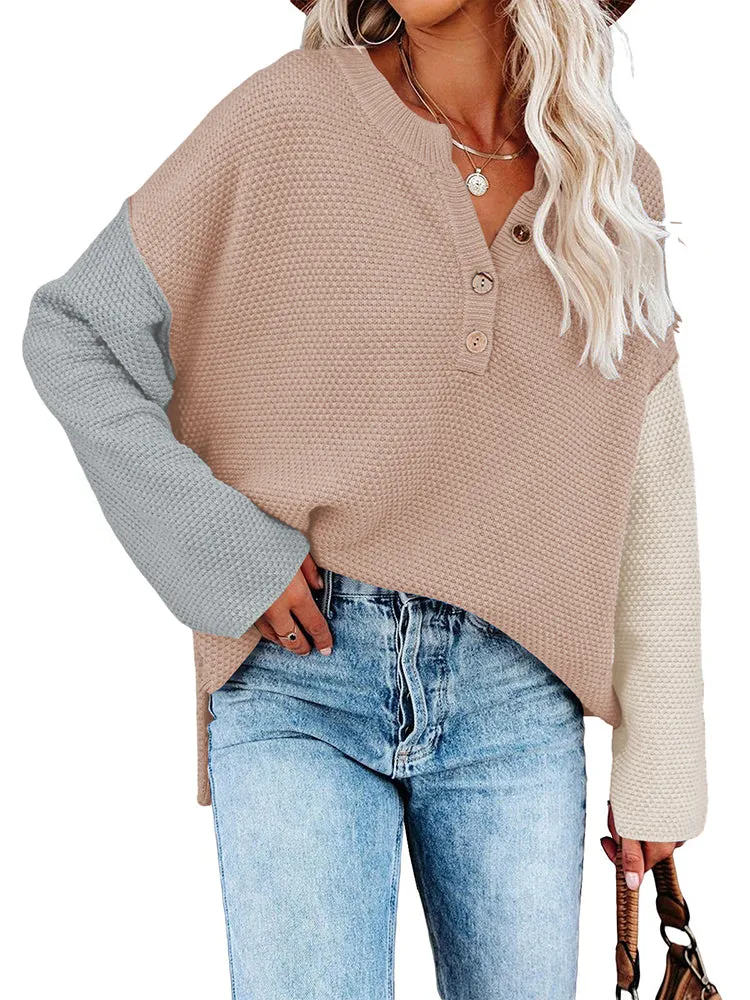 Women's Oversized Sweaters Batwing Sleeve Button Up Color Block Henley Pullover Knit Jumper