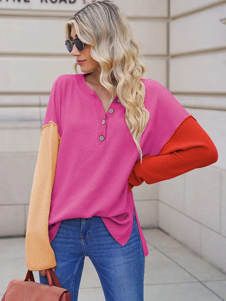 Women's Oversized Sweaters Batwing Sleeve Button Up Color Block Henley Pullover Knit Jumper