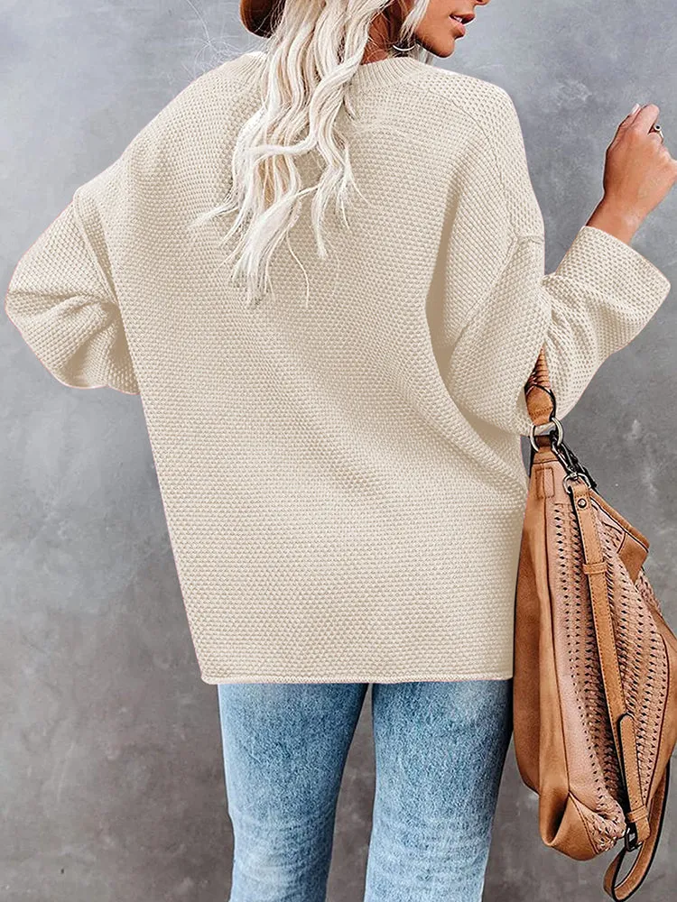 Women's Oversized Sweaters Batwing Sleeve Button Up Color Block Henley Pullover Knit Jumper