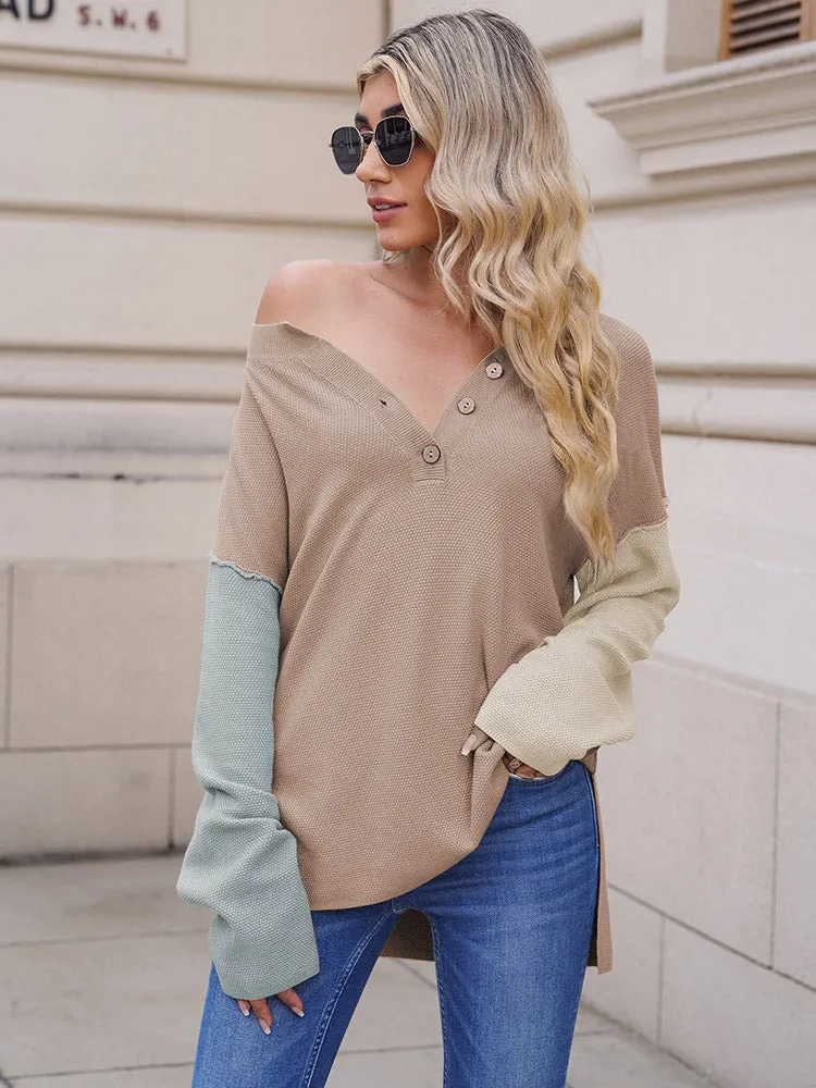 Women's Oversized Sweaters Batwing Sleeve Button Up Color Block Henley Pullover Knit Jumper