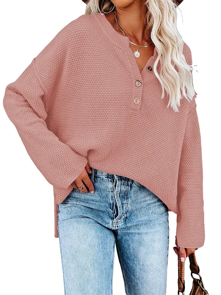 Women's Oversized Sweaters Batwing Sleeve Button Up Color Block Henley Pullover Knit Jumper