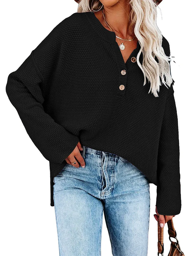 Women's Oversized Sweaters Batwing Sleeve Button Up Color Block Henley Pullover Knit Jumper