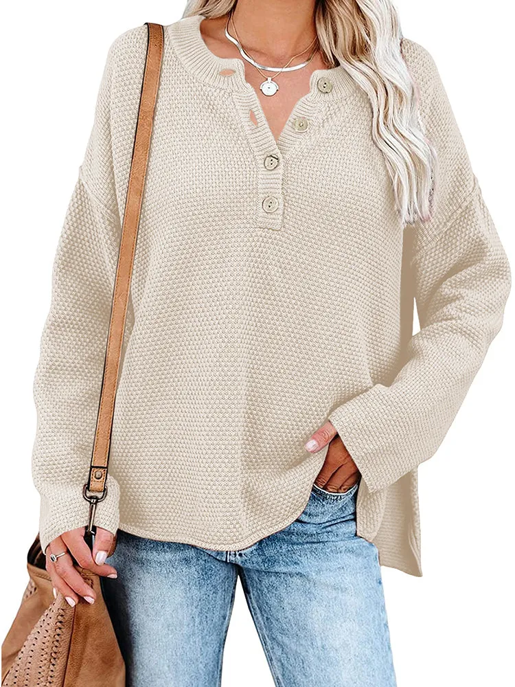 Women's Oversized Sweaters Batwing Sleeve Button Up Color Block Henley Pullover Knit Jumper