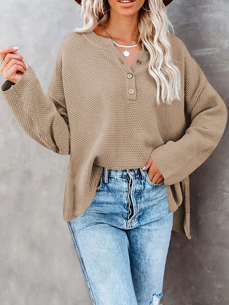 Women's Oversized Sweaters Batwing Sleeve Button Up Color Block Henley Pullover Knit Jumper