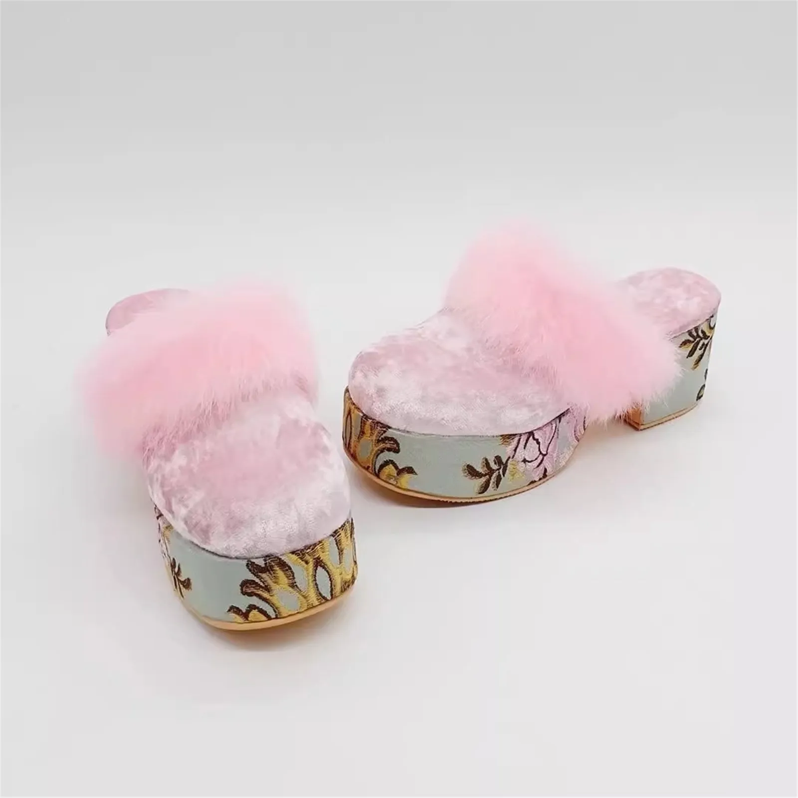 Women's Print Thick Heel Slippers With Real Rex Rabbit Fur Trim Fashion Closed Finger Sandals Slides