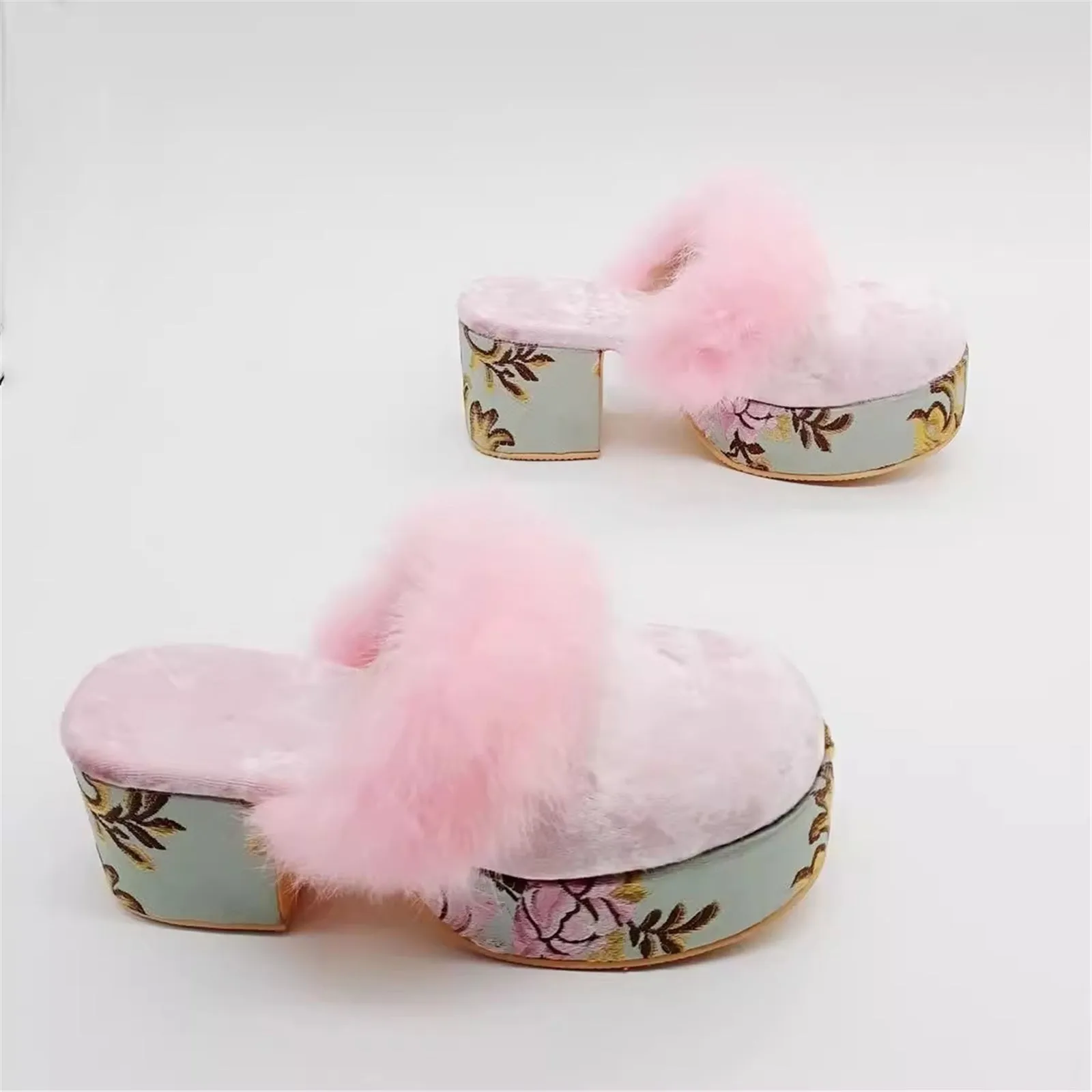 Women's Print Thick Heel Slippers With Real Rex Rabbit Fur Trim Fashion Closed Finger Sandals Slides