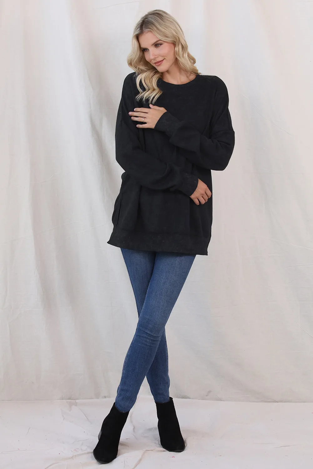 Women's Solid Drop Shoulder Ribbed Trim Baggy Sweatshirt