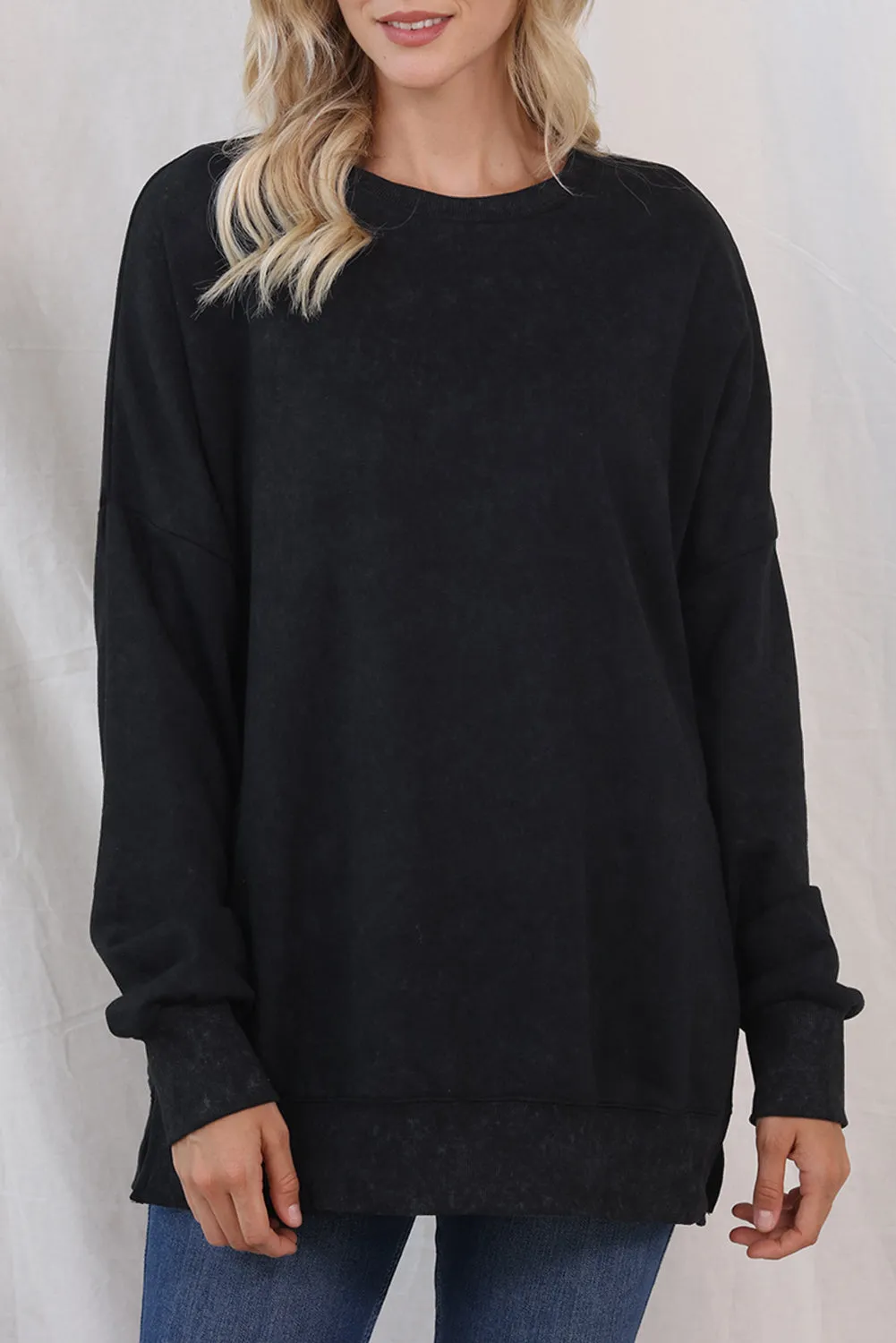 Women's Solid Drop Shoulder Ribbed Trim Baggy Sweatshirt