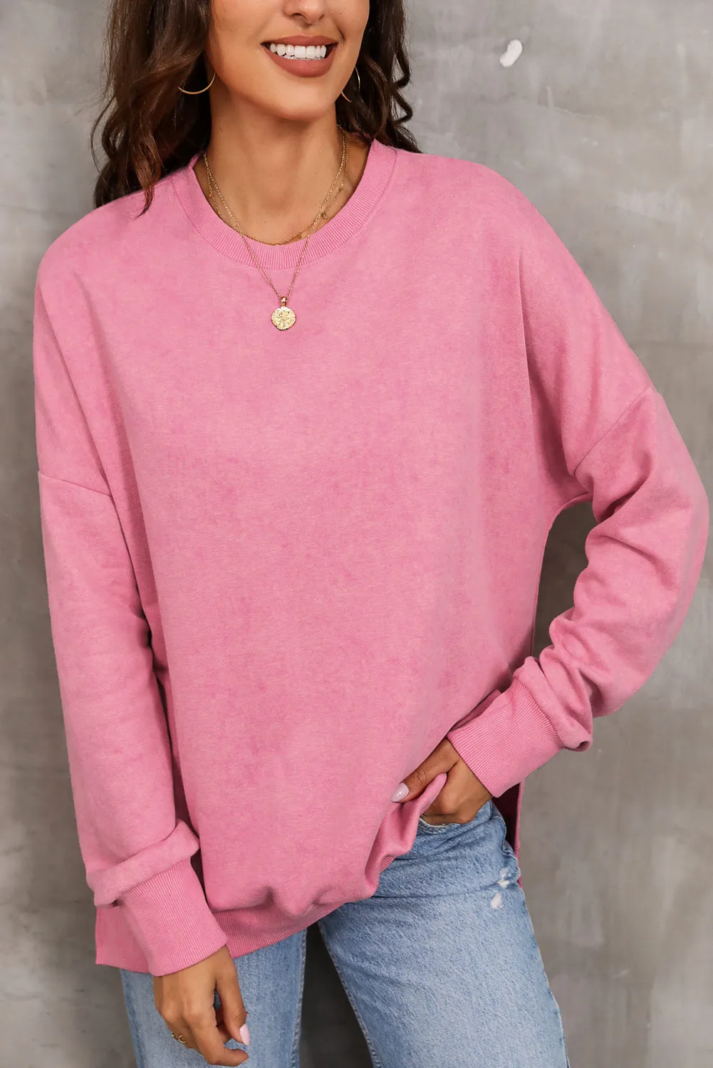 Women's Solid Drop Shoulder Ribbed Trim Baggy Sweatshirt