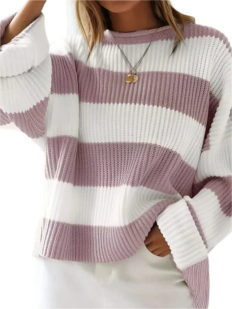 Women's Striped Knitted Sweater - O-Neck, Bell Sleeve, Loose Fit, Y2K Preppy Style, Autumn Winter Fashion