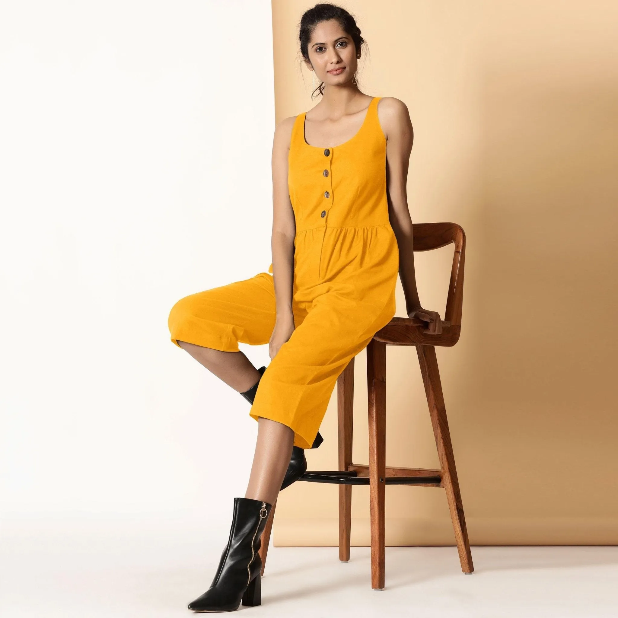 Yellow Cotton Flax Button-Down Midi Jumpsuit