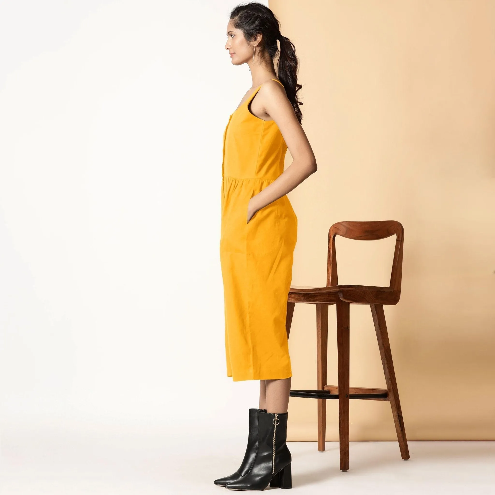 Yellow Cotton Flax Button-Down Midi Jumpsuit